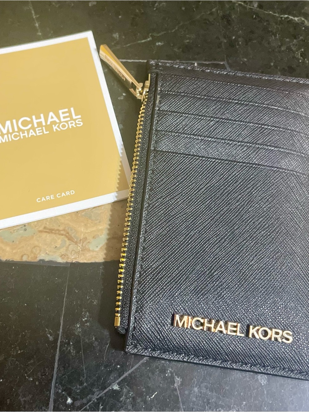 Michael Kors Black Saffiano Card & Key Holder with Gold Hardware